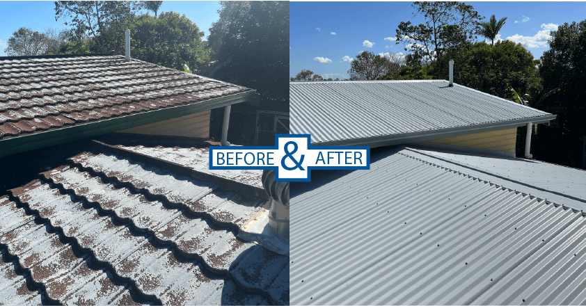 Decramastic roof before and after replacement with Colorbond metal roofing on Gold Coast home