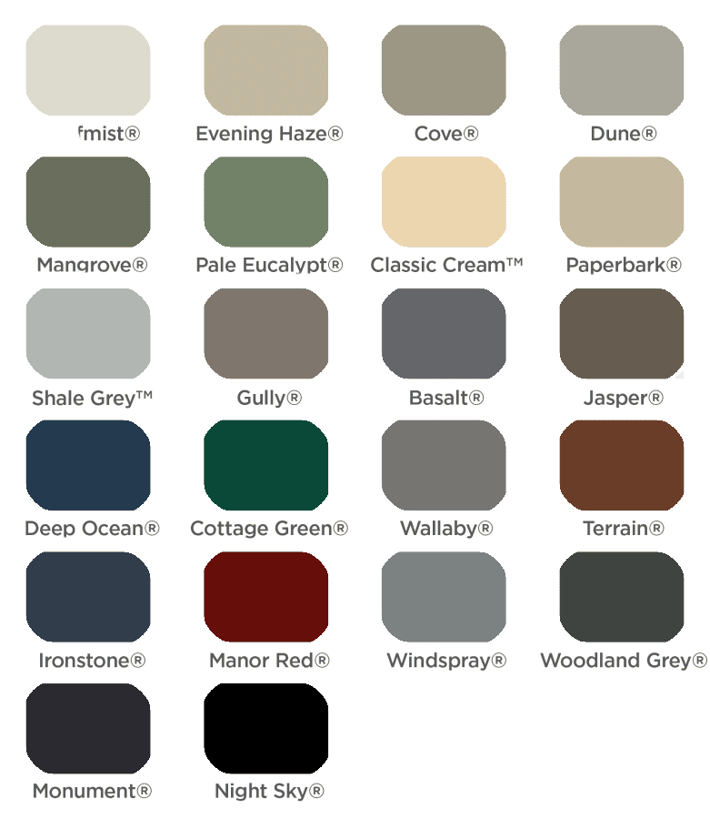 Complete COLORBOND color chart showing Surfmist, Monument, Classic Cream and all available metal roofing colors for Australian homes