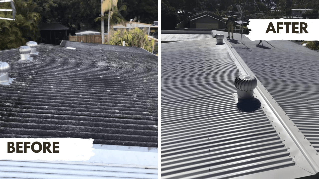 Asbestos roof replacement in Coombabah Gold Coast demonstrating before and after improvement with safe removal and modern metal roofing installation