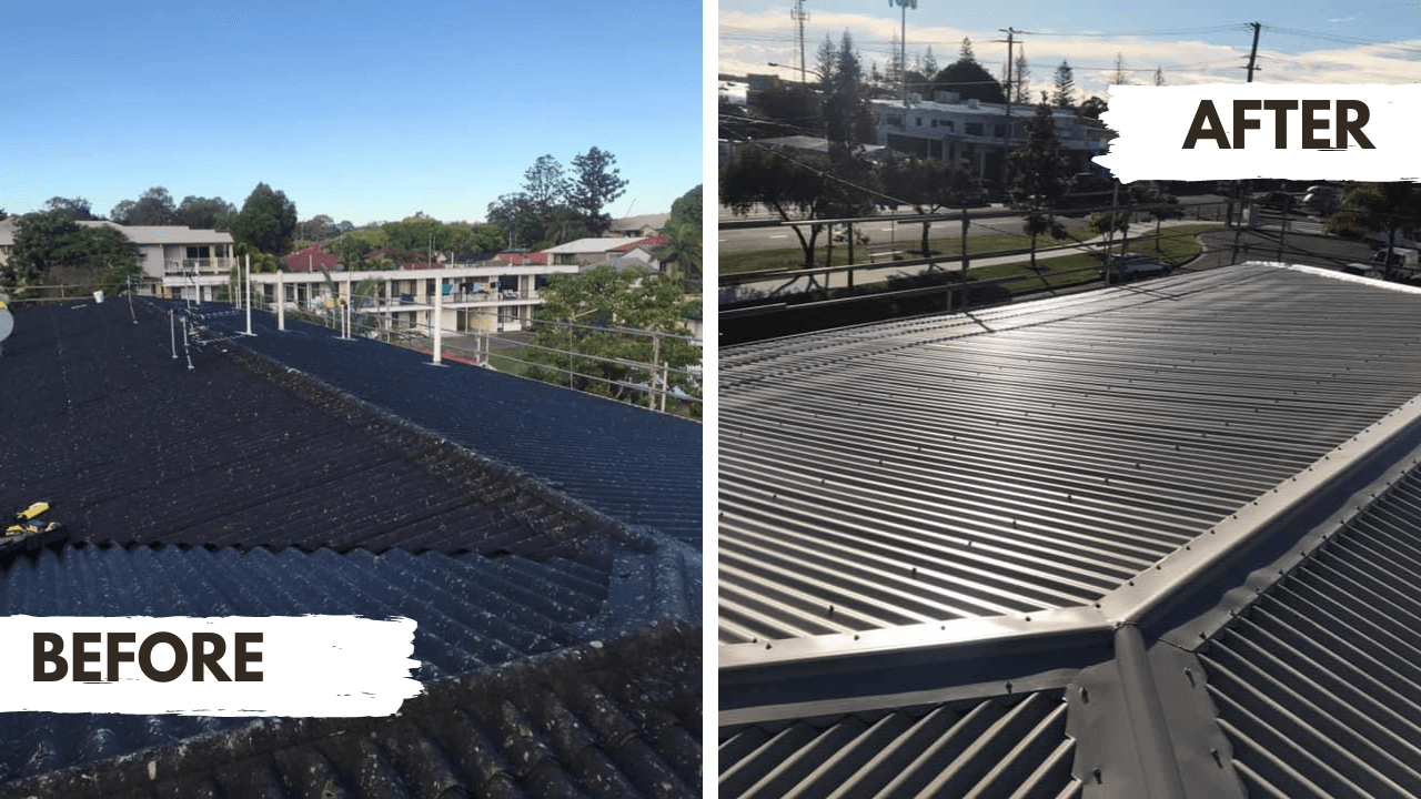 Safe asbestos roof removal and replacement in Slacks Creek Brisbane showing complete transformation to modern metal roofing by licensed CBMR contractors