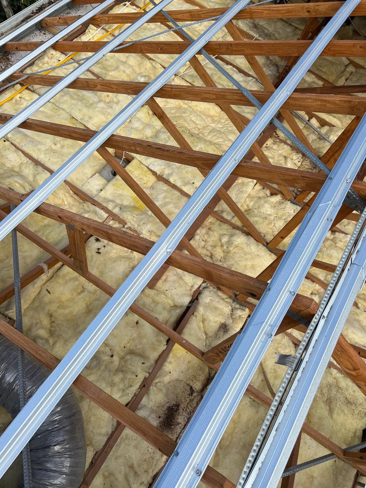 New steel roof battens fixed to timber rafters during a roof replacement in Wakerley, Brisbane